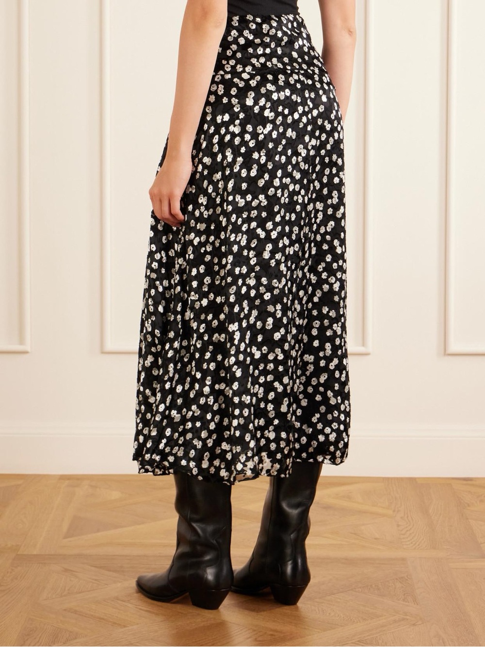 Black Floral Midi Skirt with White Daisy Print